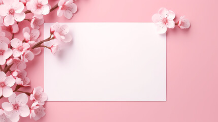 pink background with blank card and flowers