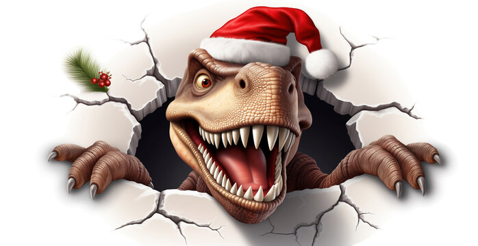 charming dinosaur Santa peeking out from a hole in the wall on a white background