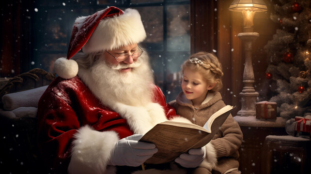 Santa Claus reading a book with child sitting on lap, Christmas tree, snow, fairytale atmosphere