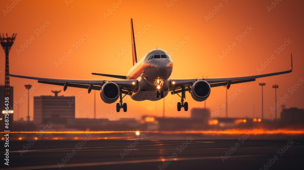 Sticker A large jetliner taking off from an airport runway, AI