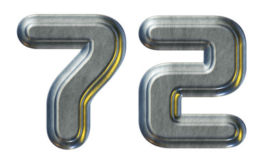 Number 72 with silver metallic style isolated on transparent background for education concept