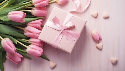 Obraz na płótnie Canvas Holiday gift box and pink tulips, thanksgiving valentines day concept background
