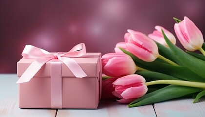 Holiday gift box and pink tulips, thanksgiving valentines day concept background
