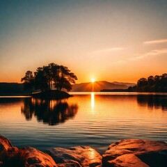 Vibrant sunset over a serene lake.