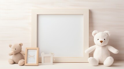 Blank square wooden frame mockup for nursery art or pregnancy announcement display, flat lay with baby toys and accessories. : Generative AI