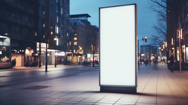 Blank city format (LightPoster, CityLight) banner pylon on the sidewalk mockup. Billboard in the city center mock up. Blurred background, focus on foreground, copy space : Generative AI