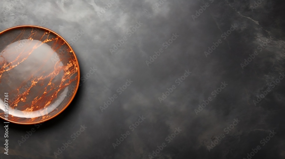 Aufkleber Empty ceramic plate on dark stone background Copy space Top view : Generative AI
