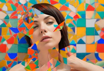 An abstract composition with a lady enveloped in a mosaic of vibrant colors, infusing a surreal...