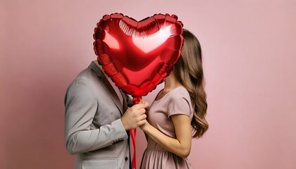 couple kissing behind a red heart shaped foil balloon on pastel pink background - valentine's day - romance love concept 