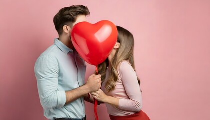 couple kissing behind a red heart shaped balloon on pastel pink background - valentine's day - romance love concept 
