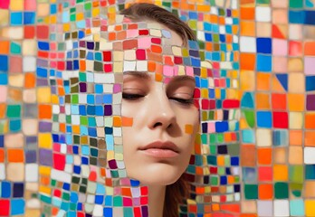 An abstract composition with a lady enveloped in a mosaic of vibrant colors, infusing a surreal...
