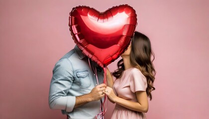 couple kissing behind a red heart shaped foil balloon on pastel pink background - valentine's day - romance love concept 