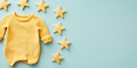 Knitted toy yellow stars on blue background. Baby stuff and accessories. Flat lay, top view :...