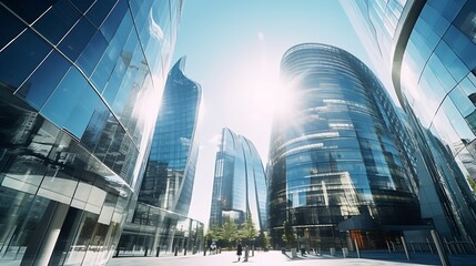 Low angle shot of modern glass city buildings during sunny day. Fisheye lens effect. : Generative AI