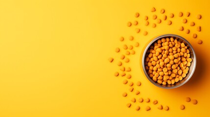 One bowl of yellow color with food and paws with a dog face. : Generative AI