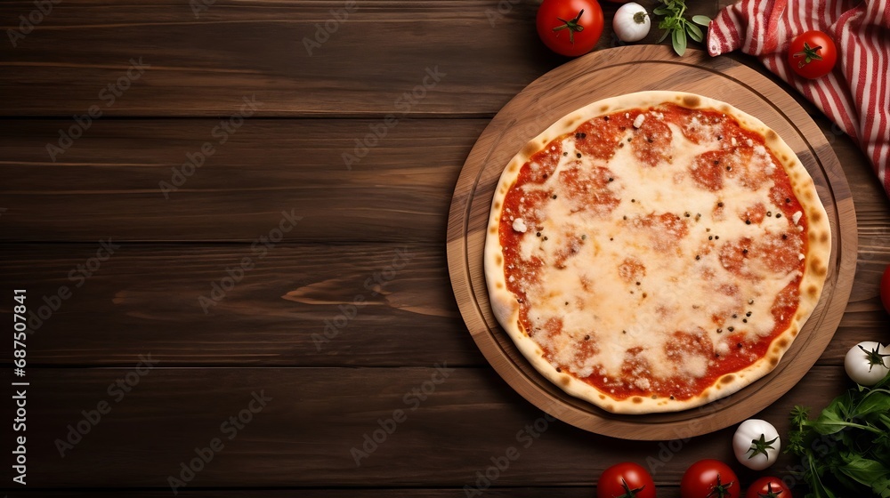 Poster Pizza board and canvas napkin with lace on wooden table. Top view mock up : Generative AI