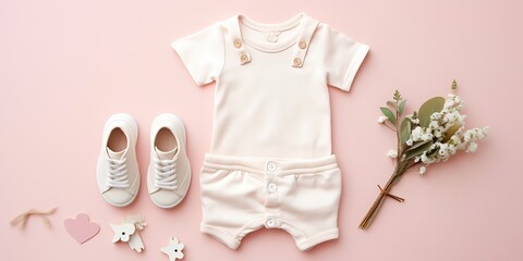 Set of baby girl clothes, shoes, accessories on pink background. Fashion newborn clothes. Flat lay, top view. Copy space. : Generative AI