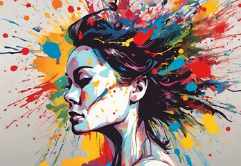 An abstract scene with a woman immersed in a whirlwind of paint splatters, capturing the essence of...