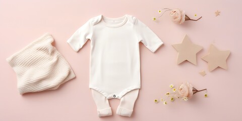 Set of pink clothes and accessories fot newborn girl. Toys, bodysuit, romper, knitted cardigan, shoes, bib on pastel background. Mock up tor text. Baby shower concept. Flat lay, top vi : Generative AI