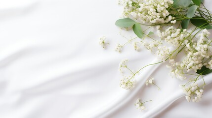 Styled stock photo. Feminine wedding desktop mockup with baby's breath Gypsophila flowers, dry green eucalyptus leaves, satin ribbon and white background. Empty space. Top view. Pictur : Generative AI