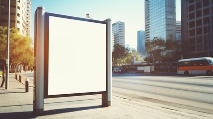 Vertical blank white billboard at bus stop on city street. In the background buildings and road. Mock up. Poster on street next to roadway. Sunny summer day. : Generative AI - obrazy, fototapety, plakaty