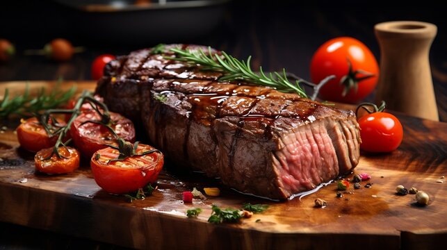 Succulent thick juicy portions of grilled fillet steak served with tomatoes and roast vegetables on an old wooden board : Generative AI