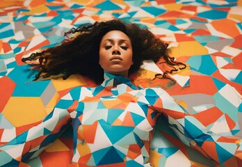 An artistic portrayal of a woman submerged in a sea of geometric shapes and patterns, offering a...