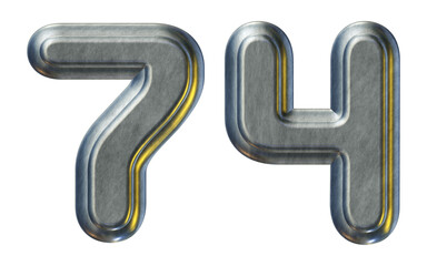 Number 74 with silver metallic style isolated on transparent background for education concept