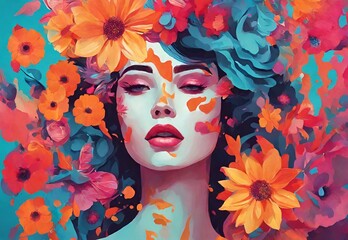 An imaginative scene with a woman adorned in vibrant flowers, An abstract and dreamlike atmosphere...