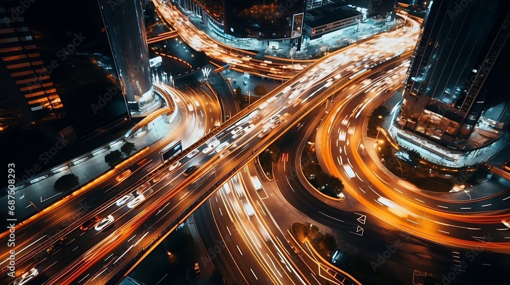 Poster aerial angle rush hour traffic fast moving hyper lapse at night overhead of busy intersection traffi