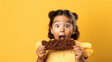 Adorable funny astonished little girl with dark hair in summer clothes making face while looking at delicious chocolate ice cream bar against yellow background : Generative AI - obrazy, fototapety, plakaty