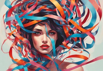 An otherworldly image showcasing a woman with cascading ribbons, blending reality and fantasy in a...