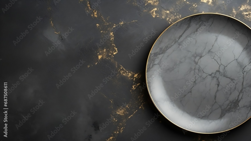 Poster empty ceramic plate on dark stone background copy space top view : generative ai