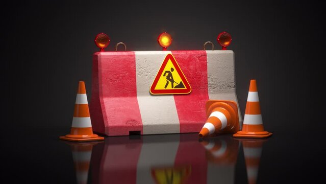 Under construction web site design. Road sign on barrier. 3d animation
