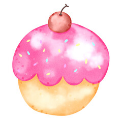 Pink cupcake with cherry watercolor