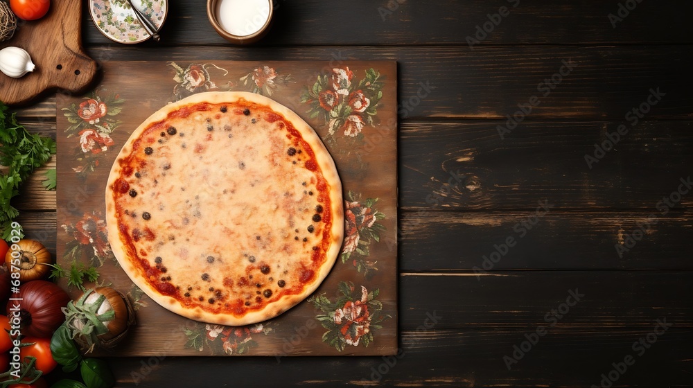 Aufkleber pizza board and canvas napkin with lace on wooden table. top view mock up : generative ai