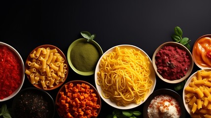 Plates of pastas with different kinds of sauces, top view. Italian food concept. Panorama, banner :...