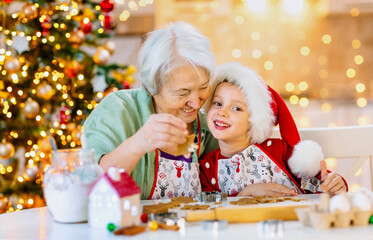 Grandma and her granddaughter are inspired by making ginger cookies on Christmas eve.