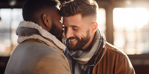 Love, affectionate male couple embracing with eyes closed