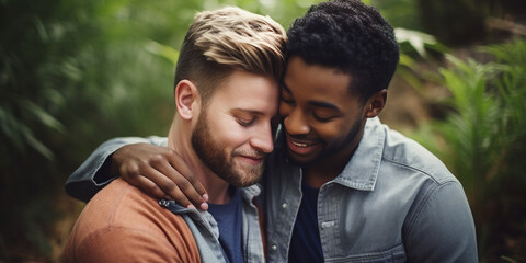 A Male Couple Finds Comfort in Each Other's Arms, Eyes Closed, Manifesting the Love and Warmth They Share