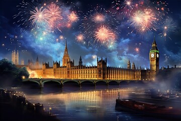 Obraz premium Firework display in London celebrated on New Year Day