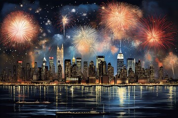 Firework display in New York celebrated on New Year Day