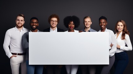 A copyspace of a diverse group of young, happy and smiling professional business people holding a blank white billboard. A multiracial team of men and women against a dark wall with co : Generative AI