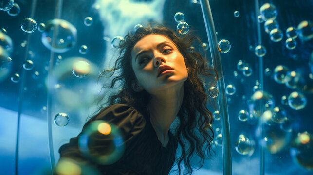 Jeune femme sous l'eau, les yeux ouverts,  avec des bulles