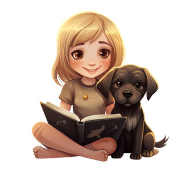 a girl sitting with a dog and reading a book, isolated picture