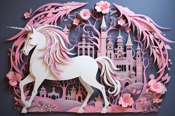 paper cutting style unicorn standing in front of the castle