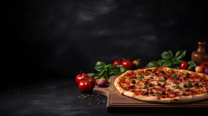 Black background with wooden pizza board : Generative AI