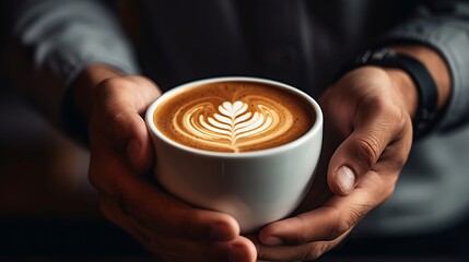 Coffee, milk and hands of man in cafe for cappuccino, breakfast and caffeine beverage. Relax, espresso and dairy with barista in coffee shop with latte art for retail, mocha and drink  : Generative AI