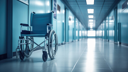 wheelchair in hospital corridor - obrazy, fototapety, plakaty