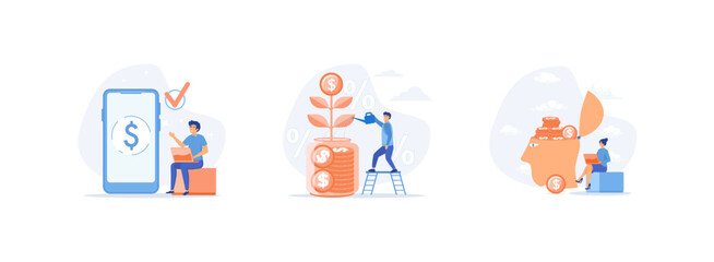 Personal finance management and financial literacy concept. People investing money in self development. Financial literacy set flat vector modern illustration